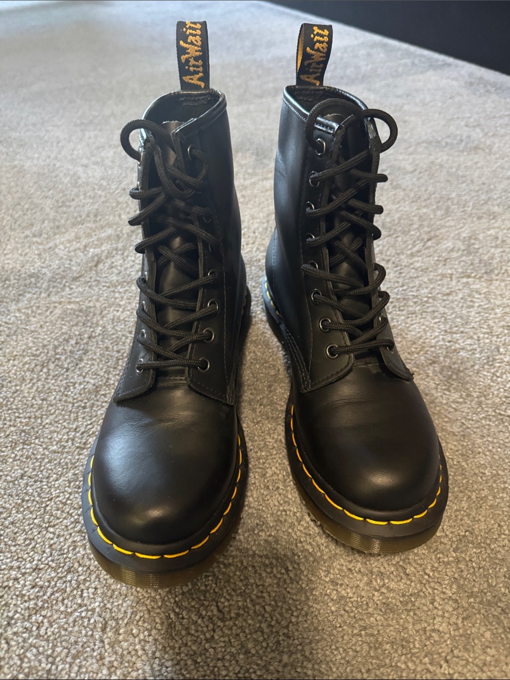 Dr. Martens Black Leather Lace-Up Combat Boots with Yellow Stitching